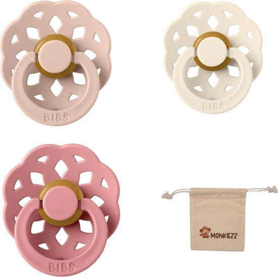 Bibs Boheme fopspenen - maat 1 0-6 maanden - 3 stuks – Blush – Ivory – Dusty Pink + Monkiezz speenzakje van Bibs