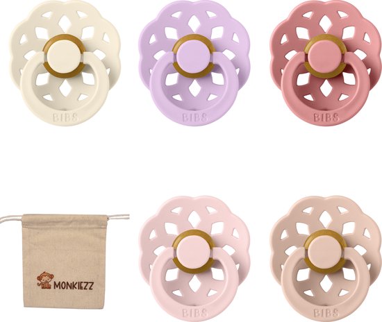 Bibs boheme fopspenen - Maat 1 0-6 maanden -Ivory, Dusky Lilac, Dusty Pink, Blossom, Blush + Monkiezz speenzakje van Bibs