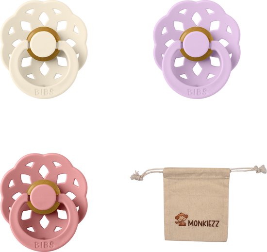 Bibs boheme fopspenen - Maat 1 0-6 maanden -Ivory, Dusky Liliac, Dusty Pink + Monkiezz speenzakje van Bibs