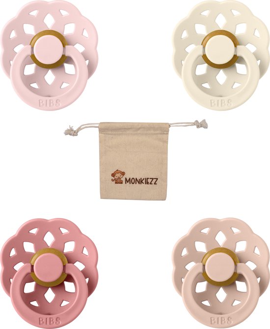 Bibs boheme fopspenen - Maat 1 0-6 maanden -Ivory, Dusty Pink, Blossom, Blush + Monkiezz speenzakje