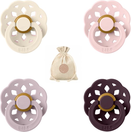 Bibs boheme fopspenen - Maat 2 6-18 maanden - Ivory, Dusky Lilac, Blossom, Plum + Bolletoet speenzakje van Merkloos