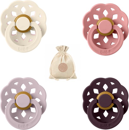 Bibs boheme fopspenen - Maat 2 6-18 maanden - Ivory, Dusky Lilac, Dusty Pink, Plum + Bolletoet speenzakje van Merkloos