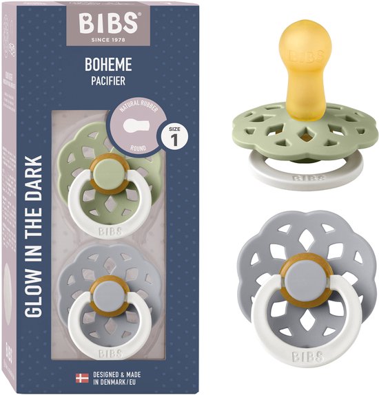 BIBS Boheme Glow Speen verpakking van 2 stuks. BPA-vrij, Ronde speen. Natuurlijk rubberlatex, Gemaakt in Denemarken. Maat 1 (0-6 maanden), Sage Glow / Cloud Glow van Merkloos