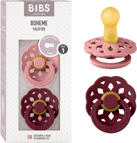 BIBS Boheme Speen verpakking van 2 stuks. BPA-vrij, Ronde speen. Natuurlijk rubberlatex, Gemaakt in Denemarken, Maat 1 (0-6 maanden), Dusty Pink / Elderberry