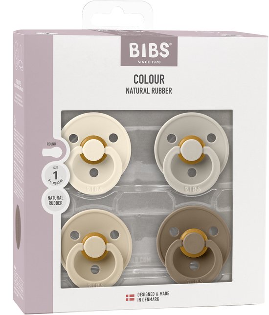 Bibs Colour Fopspeen - 4 Pack - Size 1 - Ivory/Sand/Vanilla/Dark Oak van BIBS
