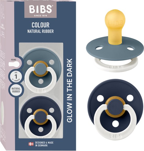 BIBS Colour Glow Speen verpakking van 2 stuks. BPA-vrij, Ronde speen. Natuurlijk rubberlatex, Gemaakt in Denemarken, Maat 1 (0-6 maanden), Petrol Glow / Deep Space Glow van Merkloos