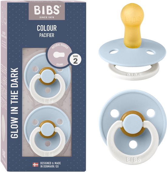 BIBS Colour Glow Speen verpakking van 2 stuks. BPA-vrij, Ronde speen. Natuurlijk rubberlatex, Gemaakt in Denemarken, Maat 2 (6-18 maanden), Baby Blue Glow van Merkloos
