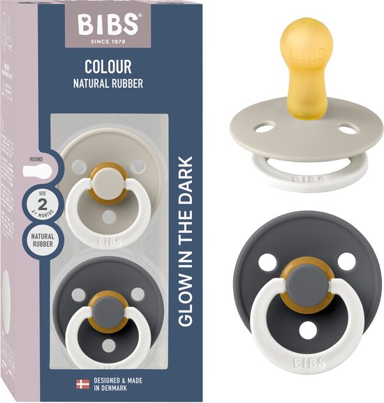 BIBS Colour Glow Speen verpakking van 2 stuks. BPA-vrij, Ronde speen. Natuurlijk rubberlatex, Gemaakt in Denemarken, Maat 2 (6-18 maanden), Sand Glow / Iron Glow van Merkloos