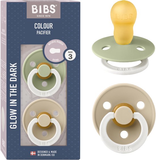 BIBS Colour Glow Speen verpakking van 2 stuks. BPA-vrij, Ronde speen. Natuurlijk rubberlatex, Gemaakt in Denemarken, Maat 3 (18+ maanden), Sage Glow / Vanilla Glow van Merkloos