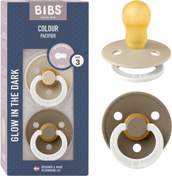 BIBS Colour Glow Speen verpakking van 2 stuks. BPA-vrij, Ronde speen. Natuurlijk rubberlatex, Gemaakt in Denemarken, Maat 3 (18+ maanden), Vanilla Glow / Dark Oak Glow van Merkloos