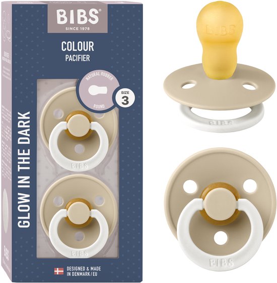 BIBS Colour Glow Speen verpakking van 2 stuks. BPA-vrij, Ronde speen. Natuurlijk rubberlatex, Gemaakt in Denemarken, Maat 3 (18+ maanden), Vanilla Glow
