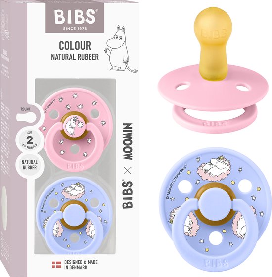 BIBS Colour Moomins Speen verpakking van 2 stuks. BPA-vrij, Ronde speen. Natuurlijk rubberlatex, Gemaakt in Denemarken, Maat 2 (6-18 maanden), Baby Pink / Hush