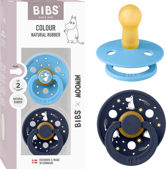 BIBS Colour Moomins Speen verpakking van 2 stuks. BPA-vrij, Ronde speen. Natuurlijk rubberlatex, Gemaakt in Denemarken, Maat 2 (6-18 maanden), Breeze / Deep Space