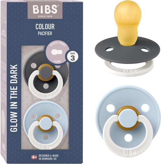 BIBS Colour Night Speen verpakking van 2 stuks. BPA-vrij, Ronde speen. Natuurlijk rubberlatex, Gemaakt in Denemarken, Maat 3 (18+ maanden), Iron Glow / Baby Blue Glow van Merkloos