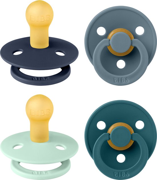 BIBS Colour speen verpakking 4 stuks, BPA-vrije fopspeen, Ronde speen. Natuurlijk rubberlatex, Gemaakt in Denemarken. 0-6 maanden (Verpakking 4 stuks), Baby Boy Colours van Merkloos