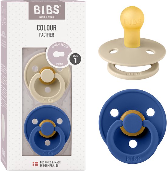 BIBS Colour Speen verpakking van 2 stuks. BPA-vrij, Ronde speen. Natuurlijk rubberlatex, Denmark. Maat 1 (0-6 maanden), Vanilla / Cornflower van Merkloos