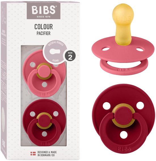 BIBS Colour Speen verpakking van 2 stuks. BPA-vrij, Ronde speen. Natuurlijk rubberlatex, Gemaakt in Denemarken. Maat 2 (6-18 maanden), Coral / Ruby