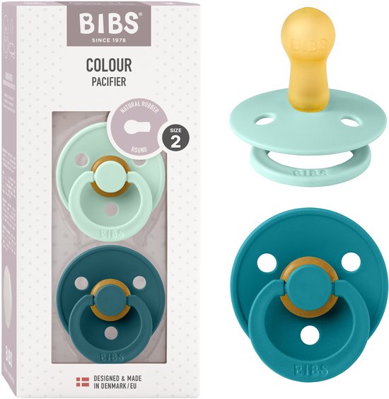 BIBS Colour Speen verpakking van 2 stuks. BPA-vrij, Ronde speen. Natuurlijk rubberlatex, Gemaakt in Denemarken. Maat 2 (6-18 maanden), Nordic Mint / Forest Lake van Merkloos