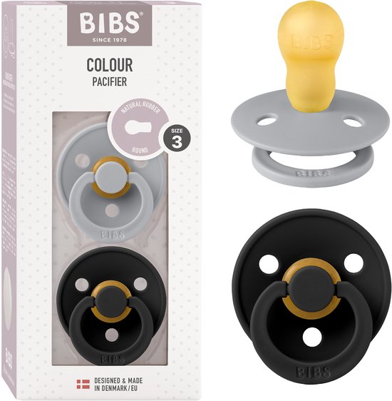 BIBS Colour Speen verpakking van 2 stuks. BPA-vrij, Ronde speen. Natuurlijk rubberlatex, Gemaakt in Denemarken. Maat 3 (18+ maanden), Cloud / Black