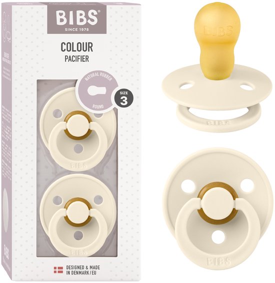 BIBS Colour Speen verpakking van 2 stuks. BPA-vrij, Ronde speen. Natuurlijk rubberlatex, Gemaakt in Denemarken, Maat 3 (18+ maanden), Ivory