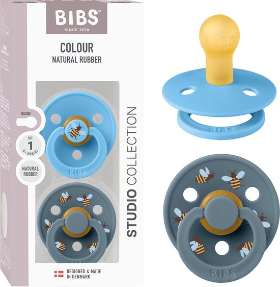 BIBS Colour Studio Speen verpakking van 2 stuks. BPA-vrij, Ronde speen. Natuurlijk rubberlatex, Gemaakt in Denemarken, Maat 1 (0-6 maanden), Breeze / Petrol van Merkloos