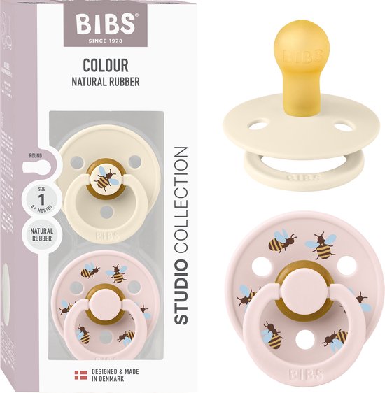 BIBS Colour Studio Speen verpakking van 2 stuks. BPA-vrij, Ronde speen. Natuurlijk rubberlatex, Gemaakt in Denemarken, Maat 1 (0-6 maanden), Ivory / Petal van Merkloos