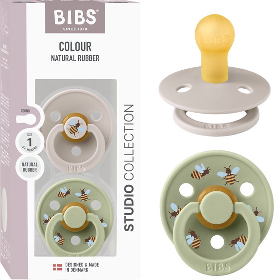 BIBS Colour Studio Speen verpakking van 2 stuks. BPA-vrij, Ronde speen. Natuurlijk rubberlatex, Gemaakt in Denemarken, Maat 1 (0-6 maanden), Mushroom / Sage van Merkloos
