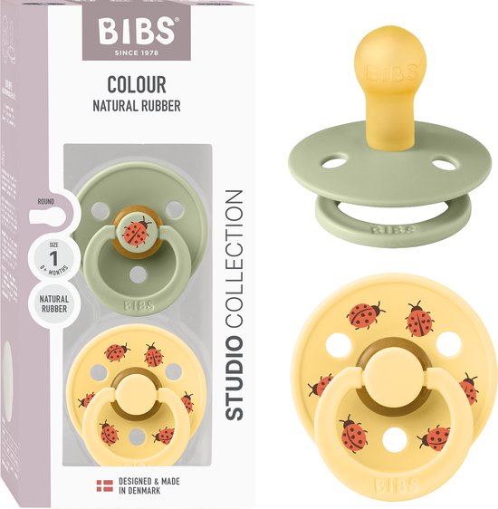 BIBS Colour Studio Speen verpakking van 2 stuks. BPA-vrij, Ronde speen. Natuurlijk rubberlatex, Gemaakt in Denemarken, Maat 1 (0-6 maanden), Sage / Pale Butter van Merkloos