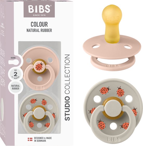 BIBS Colour Studio Speen verpakking van 2 stuks. BPA-vrij, Ronde speen. Natuurlijk rubberlatex, Gemaakt in Denemarken, Maat 2 (6-18 maanden), Blush / Sand van Merkloos