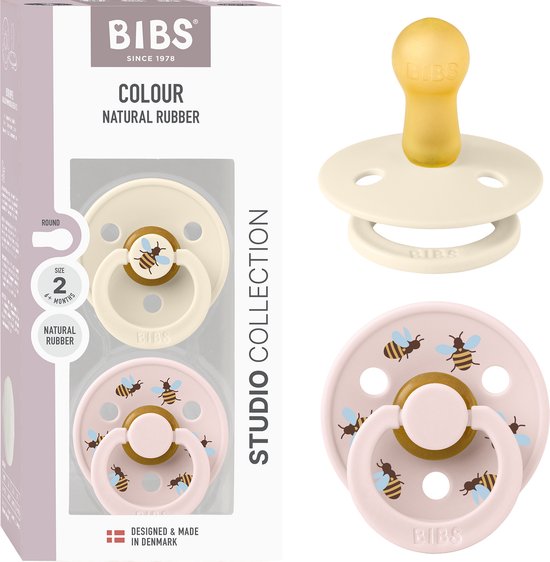 BIBS Colour Studio Speen verpakking van 2 stuks. BPA-vrij, Ronde speen. Natuurlijk rubberlatex, Gemaakt in Denemarken, Maat 2 (6-18 maanden), Ivory / Petal van Merkloos
