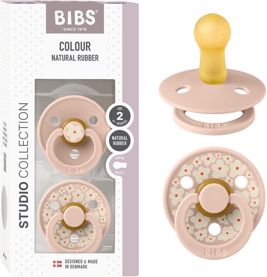 BIBS Colour Studio Speen verpakking van 2 stuks. BPA-vrij, Ronde speen. Natuurlijk rubberlatex, Gemaakt in Denemarken, Maat 2 (6-18 maanden), Jasmine Blush