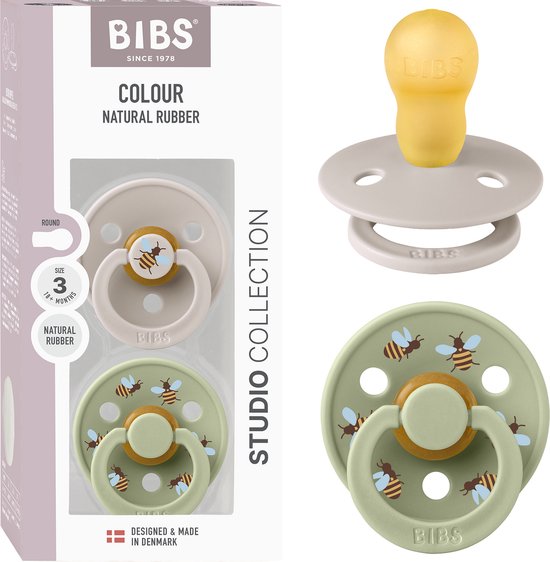 BIBS Colour Studio Speen verpakking van 2 stuks. BPA-vrij, Ronde speen. Natuurlijk rubberlatex, Gemaakt in Denemarken, Maat 3 (18+ maanden), Mushroom / Sage van Merkloos