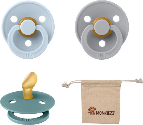 Bibs Dental fopspenen Anatomical 0-6 maanden- Set 3 stuks- Baby Blue, Island Sea, Cloud + Monkiezz speenzakje - orthodontisch- Anatomisch- Maat 1