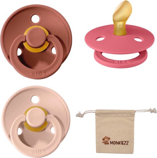 Bibs Dental fopspenen Anatomical 0-6 maanden- Set 3 stuks- Blush, Woodchuck, Coral- + Monkiezz speenzakje - orthodontisch- Anatomisch- Maat 1 van Bibs