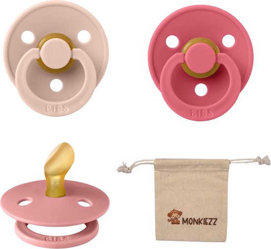 Bibs Dental fopspenen Anatomical 0-6 maanden- Set 3 stuks- Coral, Blush, Dusty Pink + Monkiezz speenzakje - orthodontisch- Anatomisch- Maat 1 van BIBS