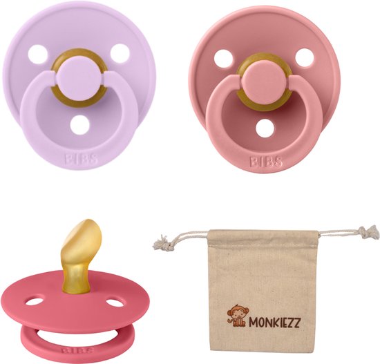 Bibs Dental fopspenen Anatomical 0-6 maanden- Set 3 stuks- Coral, Dusty Pink, Violet Sky + Monkiezz speenzakje - orthodontisch- Anatomisch- Maat 1 van BIBS