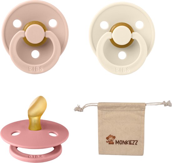 Bibs Dental fopspenen Anatomical 0-6 maanden- Set 3 stuks- Ivory, Blush, Dusty Pink + Monkiezz speenzakje - orthodontisch- Anatomisch- Maat 1 van BIBS