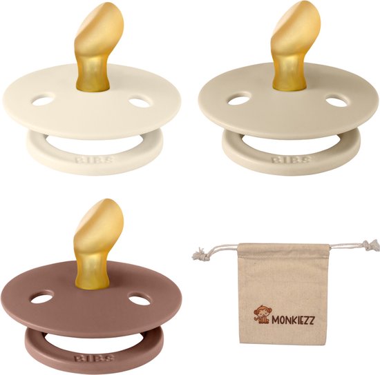Bibs Dental fopspenen Anatomical 0-6 maanden- Set 3 stuks- Ivory, Vanilla, Woodchuck - + Monkiezz speenzakje - orthodontisch- Anatomisch- Maat 1 van Bibs
