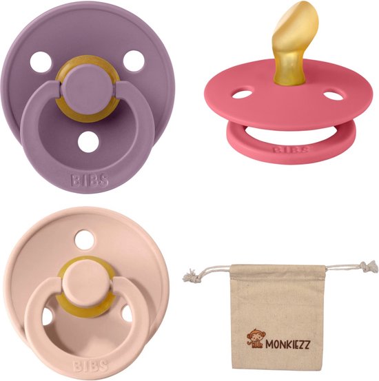Bibs Dental fopspenen Anatomical 0-6 maanden- Set 3 stuks- Mauve, Coral, Blush- + Monkiezz speenzakje - orthodontisch- Anatomisch- Maat 1 van BIBS