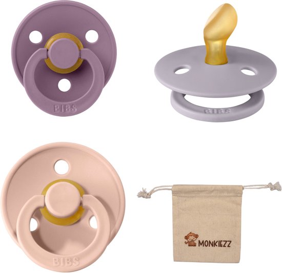Bibs Dental fopspenen Anatomical 0-6 maanden- Set 3 stuks- Mauve, Fossil Grey, Blush- + Monkiezz speenzakje - orthodontisch- Anatomisch- Maat 1 van Bibs
