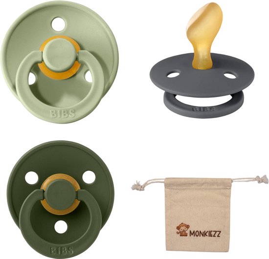 Bibs Dental fopspenen Anatomical 0-6 maanden- Set 3 stuks- Sage, Iron, Hunter Green - + Monkiezz speenzakje - orthodontisch- Anatomisch- Maat 1 van Bibs