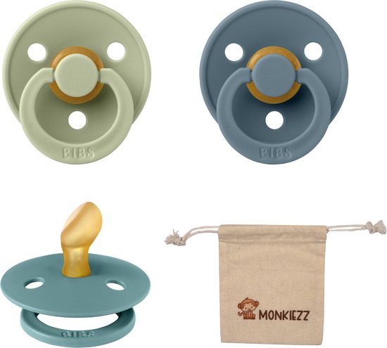 Bibs Dental fopspenen Anatomical 0-6 maanden- Set 3 stuks- Sage, Petrol, Island Sea + Monkiezz speenzakje - orthodontisch- Anatomisch- Maat 1 van BIBS