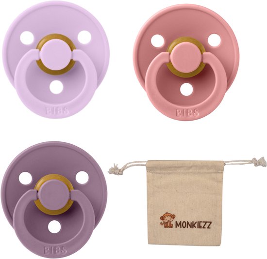 Bibs Dental fopspenen Anatomical 0-6 maanden- Set 3 stuks- Violet Sky , Dusty Pink, Mauve + Monkiezz speenzakje - orthodontisch- Anatomisch- Maat 1
