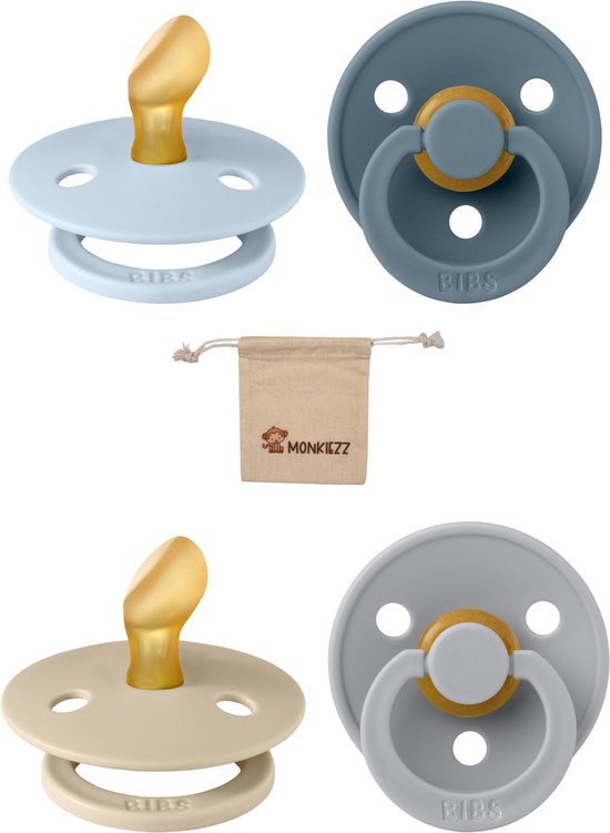 Bibs Dental fopspenen Anatomical 0-6 maanden- Set 4 stuks- Baby Blue, Petrol, Cloud, Vanilla - + Monkiezz speenzakje - orthodontisch- Anatomisch- Maat 1 van Bibs