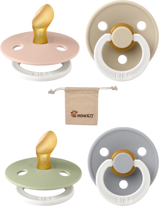 Bibs Dental fopspenen Anatomical 0-6 maanden- Set 4 stuks- Glow in the dark Blush, Vanilla, Sage, Cloud - + Monkiezz speenzakje - orthodontisch- Anatomisch- Maat 1 van BIBS