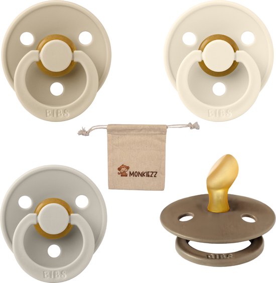 Bibs Dental fopspenen Anatomical 0-6 maanden- Set 4 stuks- Vanilla, Ivory, Sand, Dark Oak + Monkiezz speenzakje - orthodontisch- Anatomisch- Maat 1 van Bibs