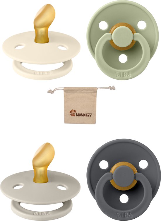 Bibs Dental fopspenen Anatomical 0-6 maanden- Set 4stuks- Sage, Ivory , Sand , Iron - + Monkiezz speenzakje - orthodontisch- Anatomisch- Maat 1 van Bibs