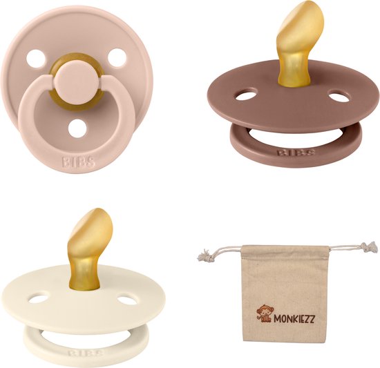 Bibs Dental fopspenen Anatomical 6-18 maanden- Set 3 stuks- Blush, Ivory en Woodchuck - + Monkiezz speenzakje - orthodontisch- Anatomisch- Maat 2 van Bibs
