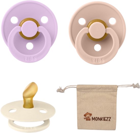 Bibs Dental fopspenen Anatomical 6-18 maanden- Set 3 stuks- Blush, Ivory, Violet Sky + Monkiezz speenzakje - orthodontisch- Anatomisch- Maat 2