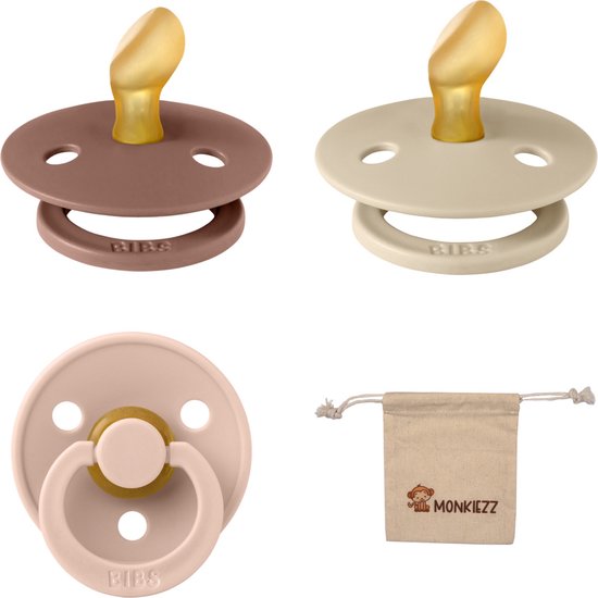 Bibs Dental fopspenen Anatomical 6-18 maanden- Set 3 stuks- Blush, Woodchuck, Vanilla - + Monkiezz speenzakje - orthodontisch- Anatomisch- Maat 2 van Bibs